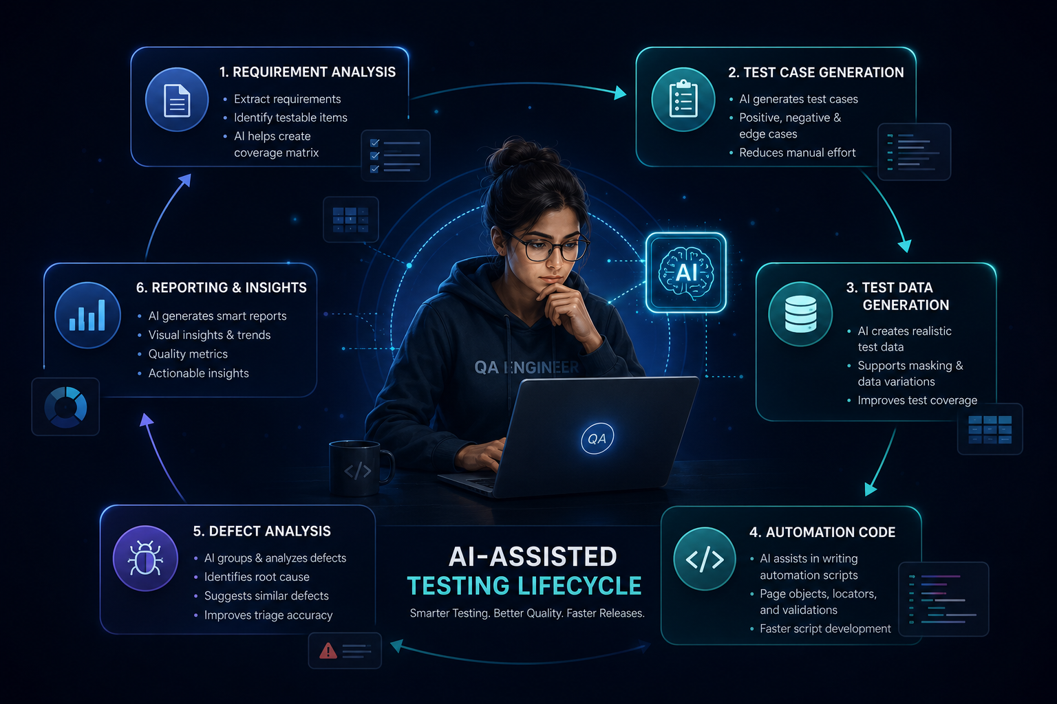 An AI-powered QA workflow showing requirements, test design, automation, defect analysis, and reporting connected into one loop.